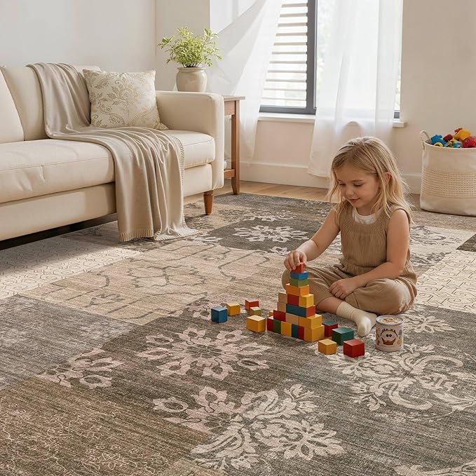 UERMEI 8x10 Area Rug for Living Room, Washable Brown Modern Geometric Patchwork Non Slip Stain Resistant Low Pile Foldable Carpet for Bedroom Dining Farmhouse Home Office