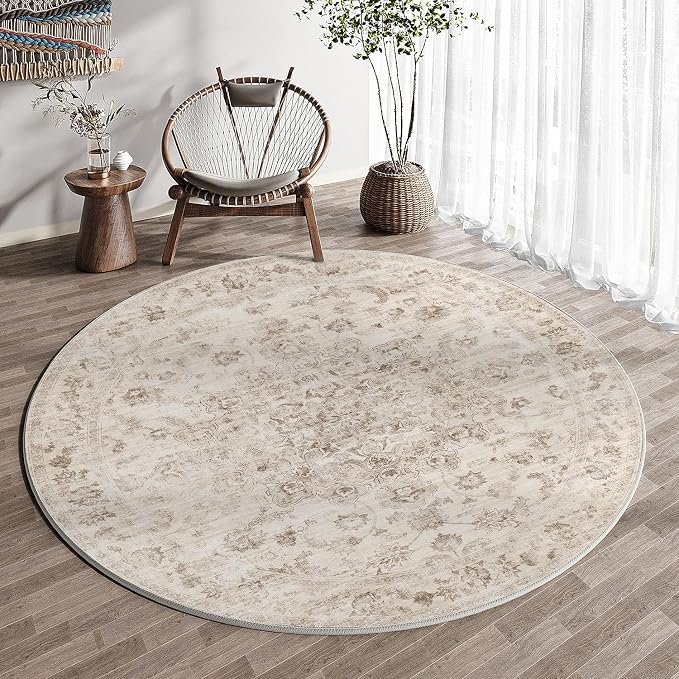 6x6 Beige Neutral Round Rug | Washable, Non Slip, Soft Low Pile, Vintage Farmhouse, for Dining Room Living Room Bedroom Office Entryway Indoor Home Decor