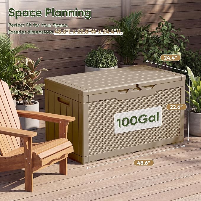 Flamaker Outdoor Storage Box 100 Gallon Waterproof Resin Deck Box Delivery Box with Air Rod Indoor Outdoor Lockable Storage Bench for Patio Cushions, Tools, Pool Accessories (Brown)
