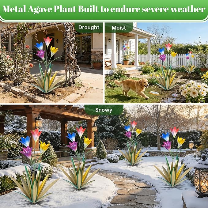 TOMBABY 32.28 Inch Metal Agave Plant Outdoor Decoration Lily Mexican Yard Art Garden Gift Home Decor Hand Painted Metal Agave Garden Yard Statue (1pc, Grass Green)