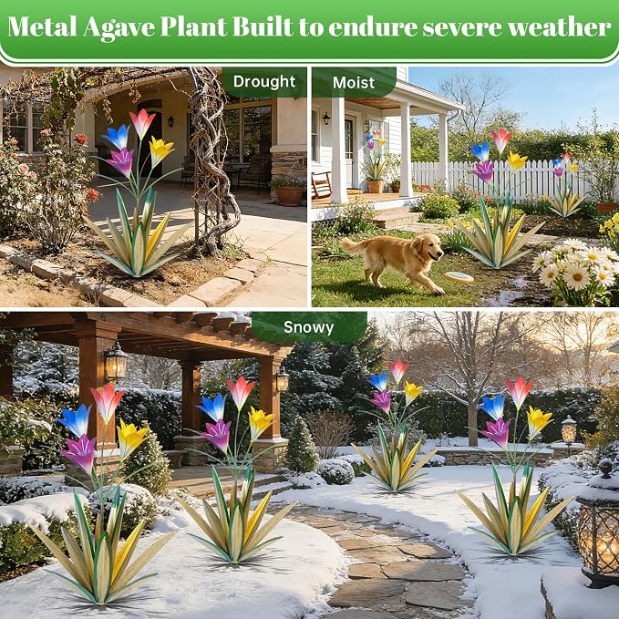 TOMBABY 32.28 Inch Metal Agave Plant Outdoor Decoration Lily Mexican Yard Art Garden Gift Home Decor Hand Painted Metal Agave Garden Yard Statue (2pc, Grass Green)