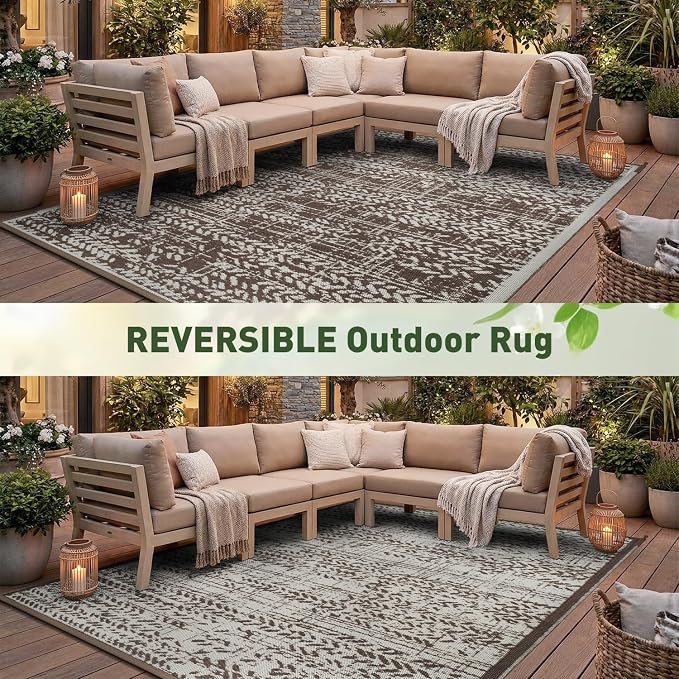 MontVoo Outdoor Rug 8x10 Waterproof-Patio Rug Mat Outdoor RV Camping Picnic Beach Mat Plastic Straw Rugs Outside Outdoor Area Rugs for Balcony Deck Backyard Brown