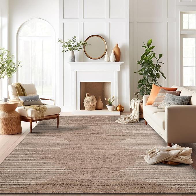 Rugshop Bohemian Stripe Stain Resistant Area Rug Beige 7'10" x 10' | High Traffic, Rectangular, Size 7'10" x 10', Living Room, Bedroom, Dining Room, Large Areas, Kitchen, Basement,Open Spaces