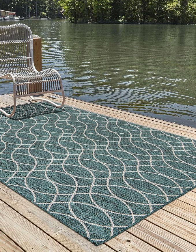 Unique Loom Outdoor Trellis Collection Area Rug - Gitter (5' 3" x 8' Rectangle, Teal/ Ivory)