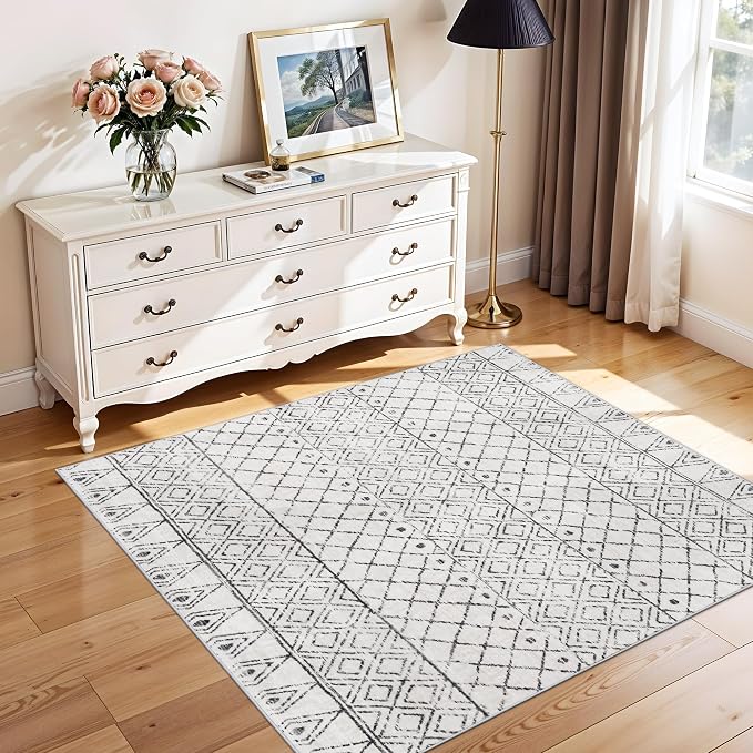 Washable Square 4x4 Moroccan Rug:Modern Boho Non Slip Area Rugs Grey | Geometric Print Carpet for Bedroom Living Room Dining Room Low Pile Easy Clean - Floor Mat for Family with Pets