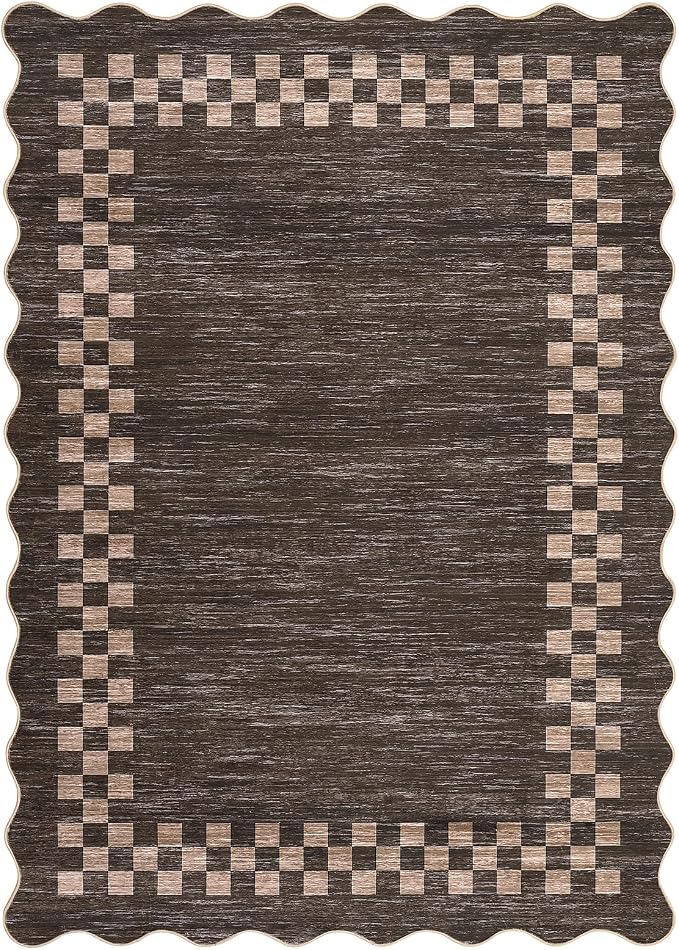 GarveeHome Small Area Rug 2x3 Solid Color Washable Scalloped Kitchen Rugs | Modern Checkered Entry Rug Bedroom Doormat Non Slip Stain Resistant Bordered Throw Carpet for Living Room Nursery, Brown