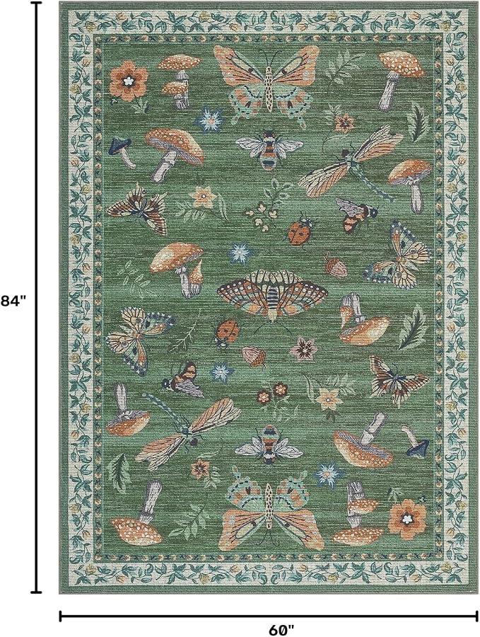 ROYHOME Mushroom Washable Rug 5x7 Area Rugs for Living Room, Insect Print for Bedroom, Non Slip Throw Rugs with Rubber Back, Soft Low Pile Dining Room Carpet for Under Table, Green