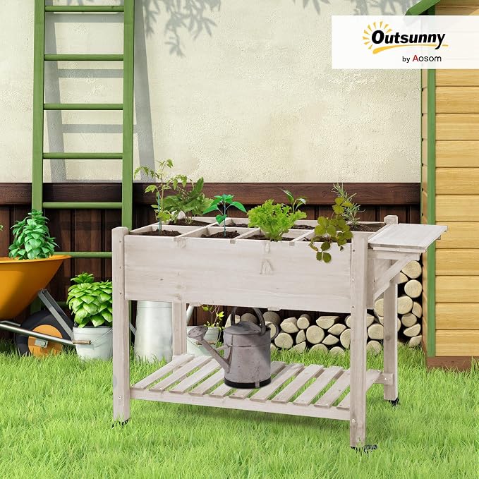Outsunny Raised Garden Bed with 8 Grow Grids, Wooden Outdoor Plant Box Stand with Folding Side Table and Wheels, 49" x 21" x 34", for Vegetables, Flowers, Herbs, Natural