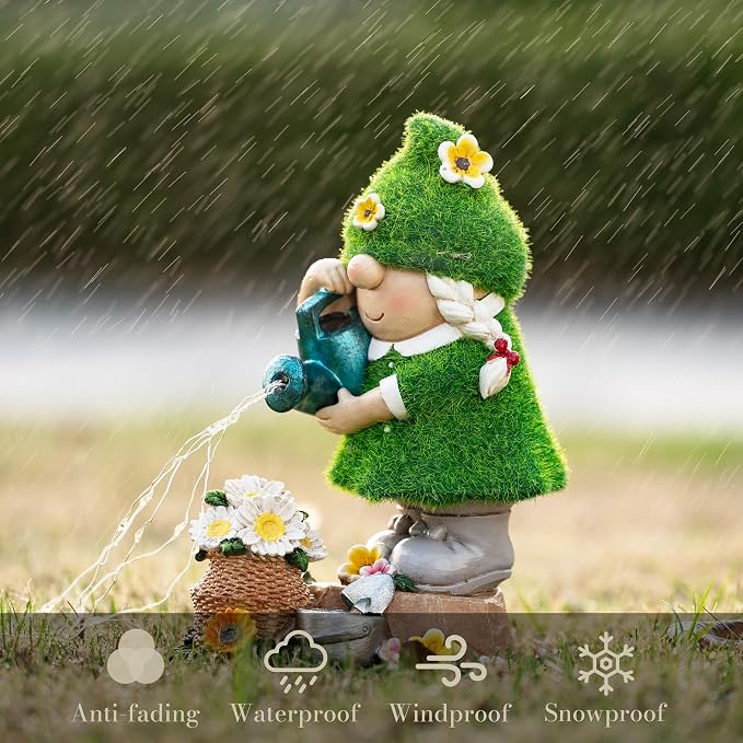 TERESA'S COLLECTIONS Garden Gnome Ornaments with Solar Outdoor Lights for Garden Decor, Lady Gnome Watering Flower Resin Outdoor Christmas Decorations Gifts for Women and Man 7.9"