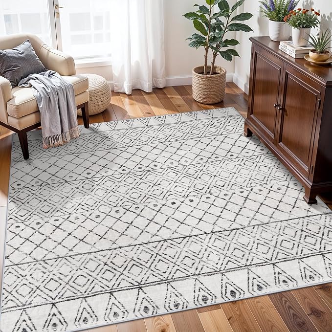 Washable 5x5 Square Moroccan Rug:Non Slip Soft Indoor Rug Geometric Grey | Throw Large Carpet - Low Pile Farmhouse Floor Mat for Living Room Bedroom Dining Room - Rugs for Young Families Home