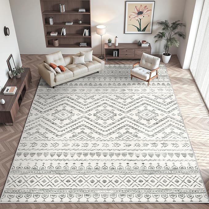 Miukiki 8x10 Area Rug for Living Room, Washable Soft Non Slip Rug Grey | Moroccan Large Indoor Rug for Kitchen Bedroom Dining Room Office, Low Pile Soft Floor Carpet Home Decor 8'x10'