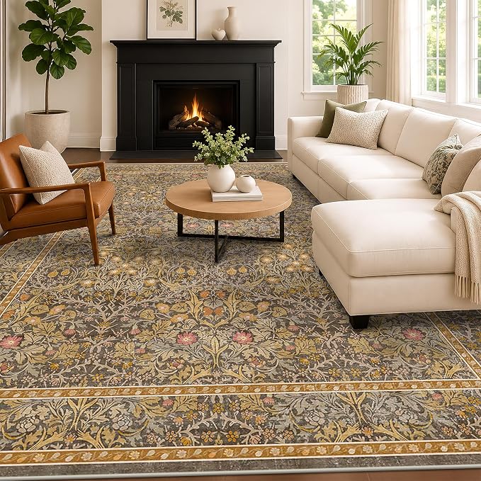 Vintage Gold Brown Living Room Rug, 7x10 Washable Area Rugs for Dining Room Under Table, Bedroom, Oriental Low Pile Stain Resistant Non-Slip Thin Soft Carpet