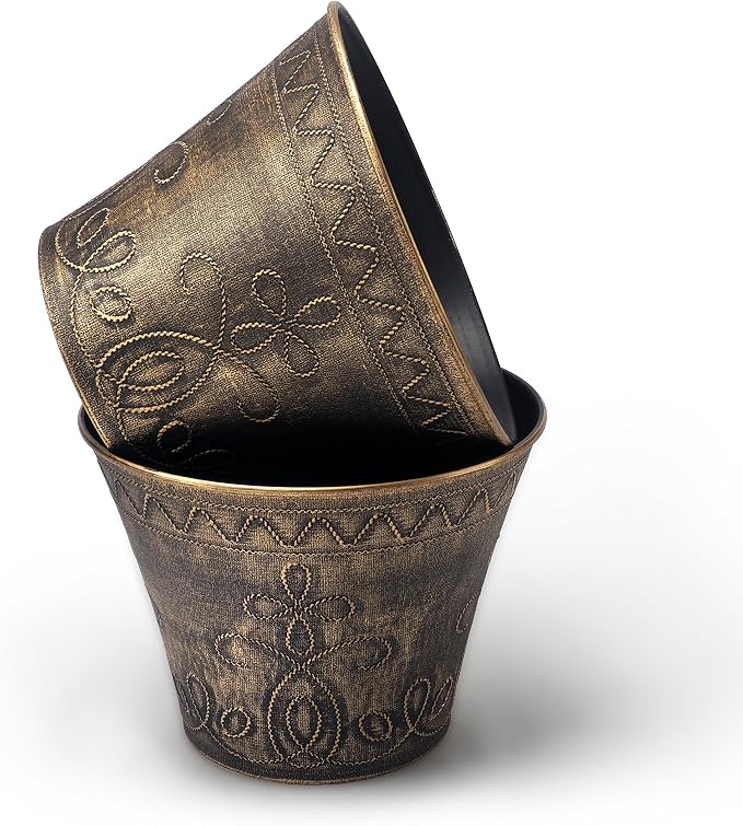 Pack of 2 Decorative Planter Rustic Medieval/French Country Look Flower Nursery Pot for Indoor, Outdoor, Garden, Patio, Office, Home Decor Use. Long Lasting, Reusable Light Weight (Gold)