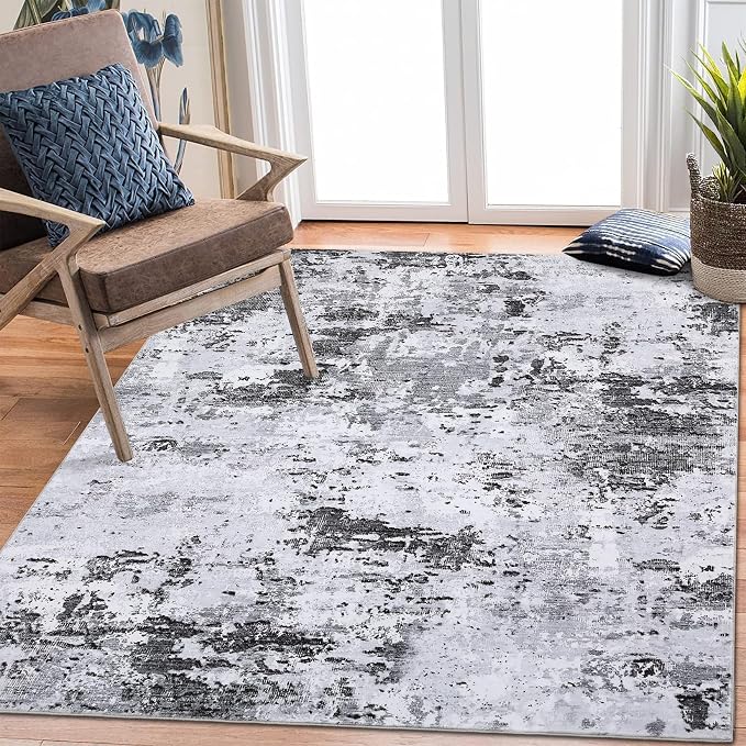 ROYHOME 6x9 Modern Abstract Area Rug for Bedroom Living Room, Grey | Non Slip Non Shedding Low Pile Stain Resistant Rug Soft Carpet