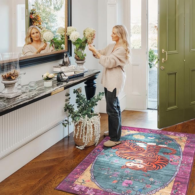 Tiger Rug Washable 3x5 ft Oriental Traditional Animal Print Vintage Fuchsia Floral Tibetan Rugs for Bedroom Kitchen Living Room Indoor Entryway
