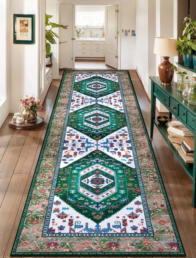 SERISSA 2'6"x10' Washable Non Slip Boho Runner Rug for Hallway，Green White | Ultra Soft Vintage Oriental Carpet Low-Pile Tribal Floor Carpet for Kitchen Bedroom Bathroom Laundry Room