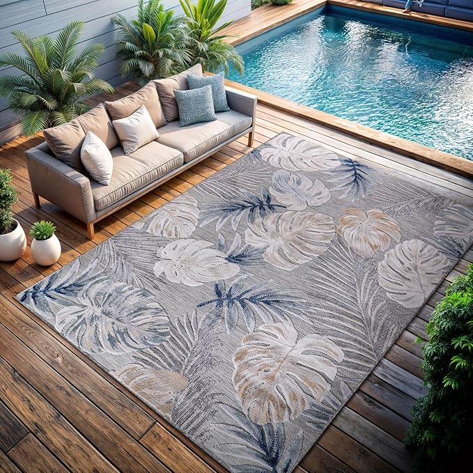CAMILSON Indoor Outdoor Rug, Blue 7’10”x10’ Leaf Tropical Botanical Area Rugs for Indoor and Outdoor patios, Easy-Cleaning Non-Shedding Living Room, Garden and Kitchen Washable Outside Carpet (8x10)