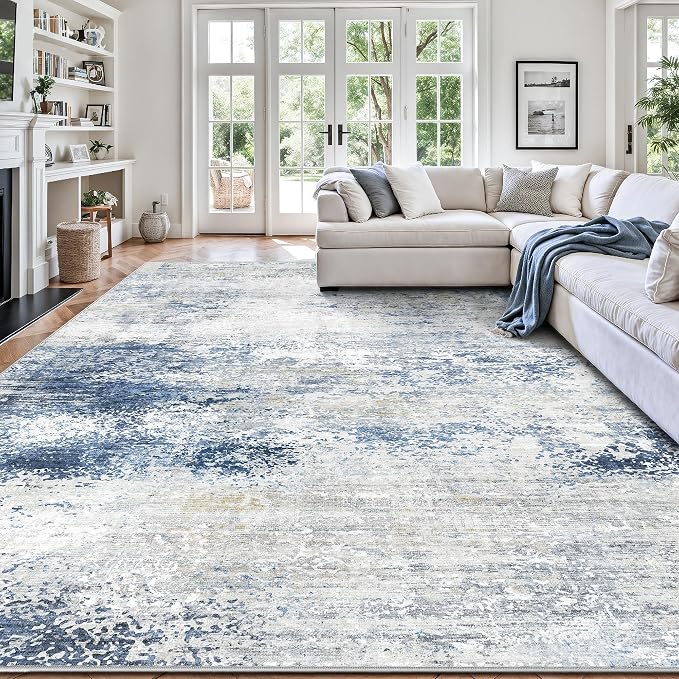 8x10 Area Rugs, Abstract Modern Ultra Soft Washable Rug, Non Slip Carpet with Rubber Back Stain Resistance Rugs for Living Room, Bedroom, Dining Room Decor(Blue & White)
