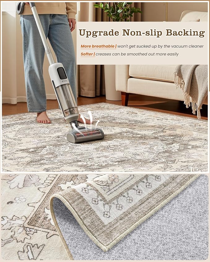 Washable Area Rug-5X7 Vintage Neutral Soft Brown | Non Slip Thin Foldable Large Floor Carpet for Living Room Bedroom Kitchen Dining Room Home Office Farmhouse Indoor
