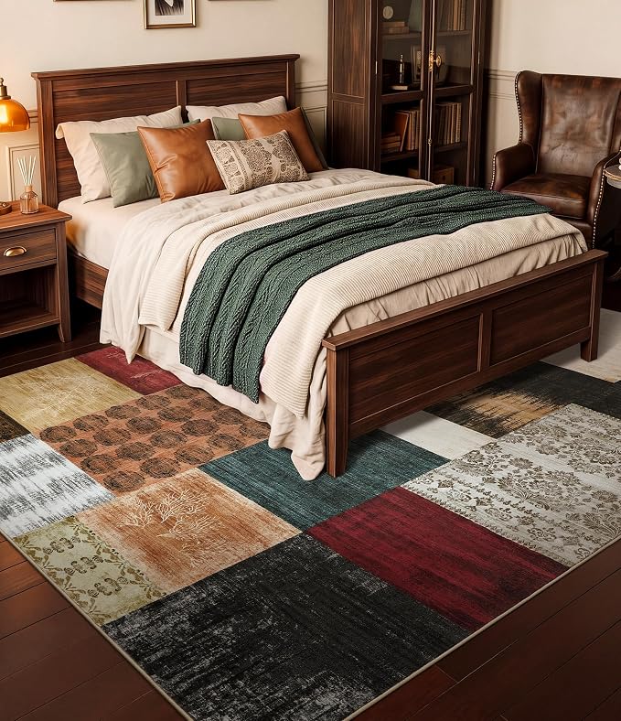Mid Century Modern Cowboy Area Rug 5x7 for Living Room,Retro Patchwork Rug Non Slip,Red and Brown Floral Farmhouse Rugs Washable, Geometric Boho Area Rug for Kitchen,Dining Room,Bedroom