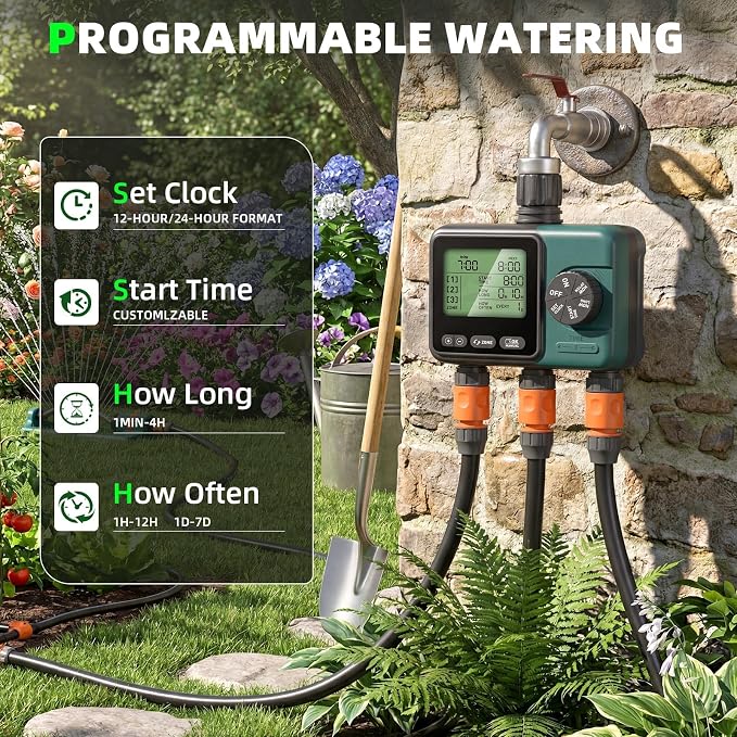 3 Zone Sprinkler Timer,3 Custom Watering Plans Hose Time, IP65 Waterproof, Rain Delay Manual & Automatic Watering with Large LCD for Yard Lawn Outdoor