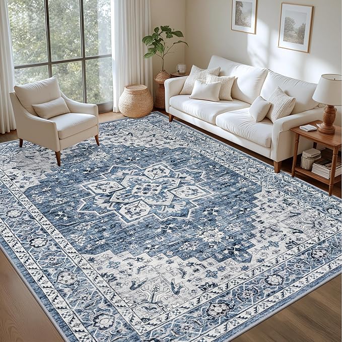 10x14 Area Rugs Living Room: Washable Vintage Rug for Bedroom Blue | Vintage No Slip Stain Resistant Rug Soft Indoor Decor Floor Floral Area Rugs for Dining Room, Nursery, Hallway, Home Office