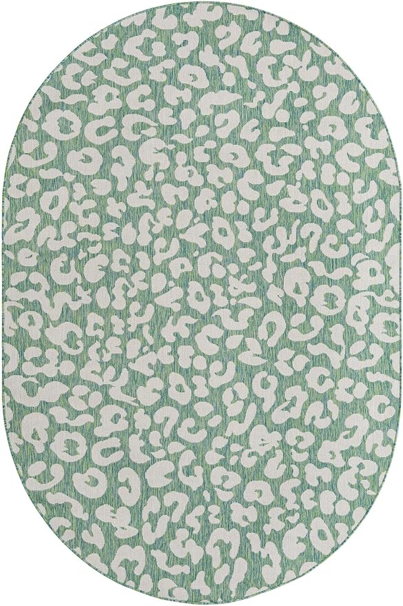 Unique Loom Outdoor Safari Collection Area Rug - Leopard (6' 1" x 9' Oval Green Blue/Ivory)
