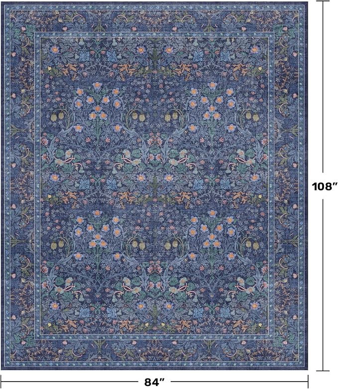 Washable Dining Room Rugs for Under Table - 7x9 Dark Blue Oriental Area Rug for Living Room, Low Pile Non-Slip Floor Carpet for Bedroom Under Bed - Vintage Design & Stain Resistance (7x9 Dark Blue)