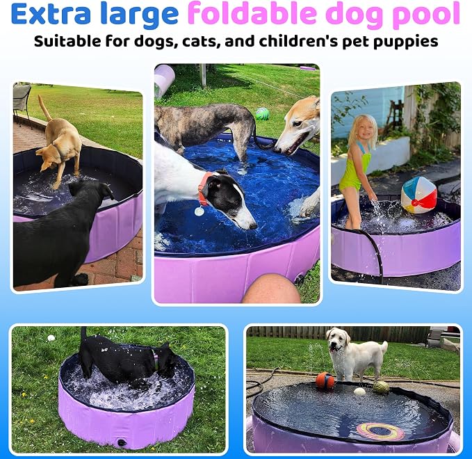 CACSPS 2025 Updated Foldable Dog Pool, 47" x 12" Kiddie Pool with Hard Plastic, Non-Slip Dog Bath Tub for Outdoor Backyard, Collapsible Dog Swimming Pool for Kids Dogs Pets (Pink)