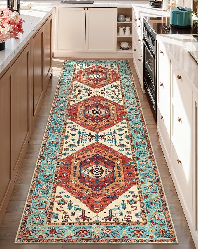 SERISSA 2'6"x8' Washable Non Slip Boho Runner Rug for Hallway，Orange | Ultra Soft Vintage Oriental Carpet Low-Pile Distressed Tribal Floor Carpet for Kitchen Bedroom Bathroom Laundry Room