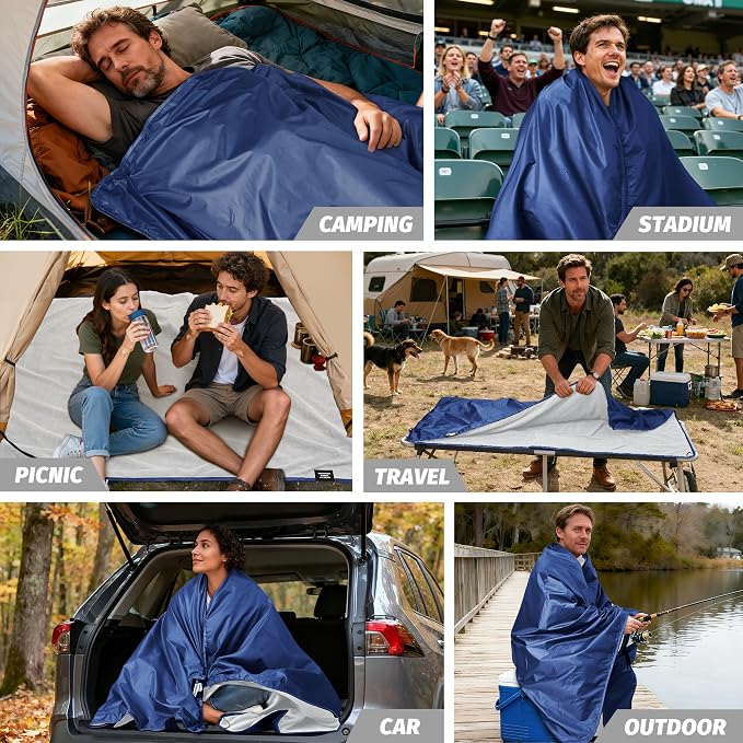 Large Waterproof Outdoor Picnic Blanket 80"x 58" | Windproof Lightweight Stadium Blanket, Packable, Stay Dry and Comfortable for Camping, Sports, Travel - Blue