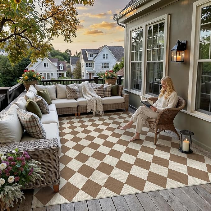 PureCozy 8x10 Checkered Chevron Pattern Area Rug for Living Room Large Checkerboard Washable Indoor Outdoor Carpet Farmhouse Patio Office Mat Geometric Non Slip Brown Carpet for Backyard Dining Room