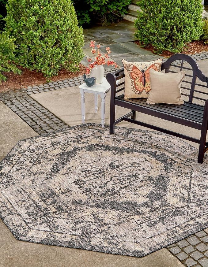 Unique Loom Outdoor Traditional Collection Area Rug - Valeria (7' 10" Octagon, Charcoal/ Natural)