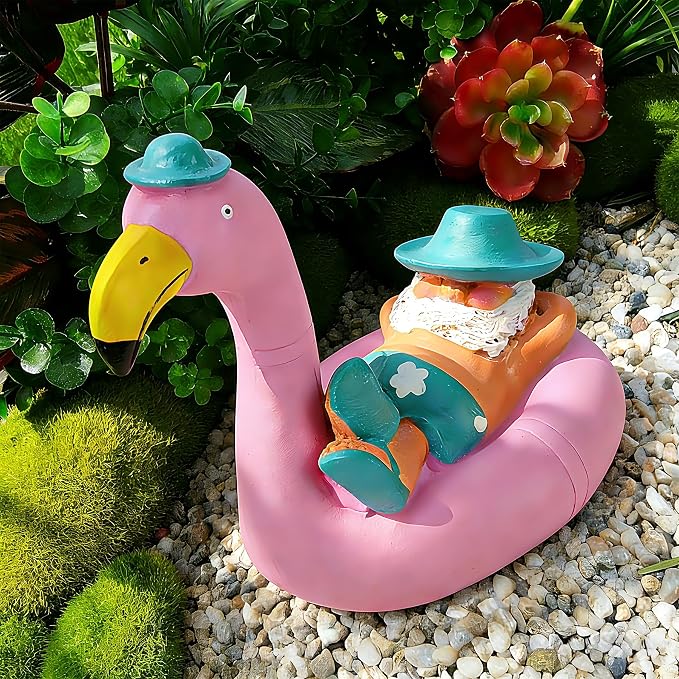 Teaeeno Garden Gnome on Flamingo - Funny Gnome Figurine - Cute Gnome Lawn Statue - for Outdoor or House Decor