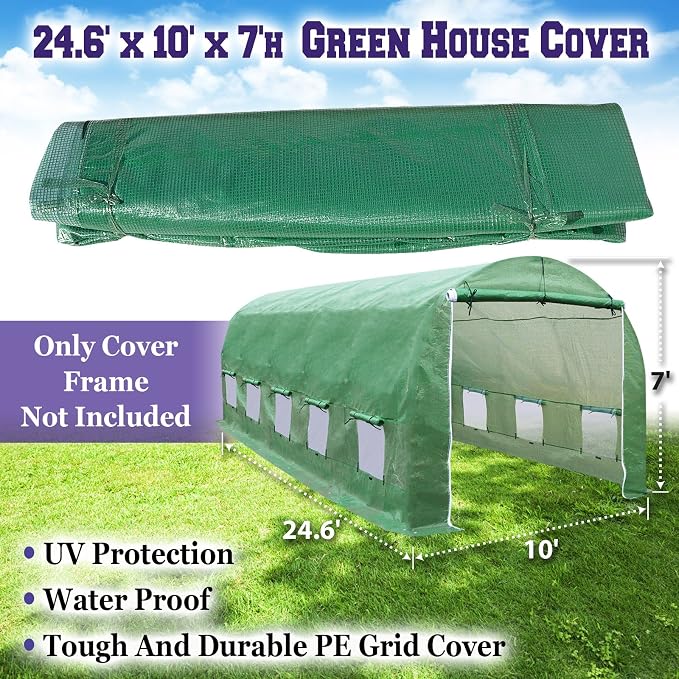 Greenhouse Replacement Covering for Outdoor Larger Hot Garden House , Support Arch Frame Climbing Plants/Flowers/Vegetables (24.6'X10' X 7', Cover)
