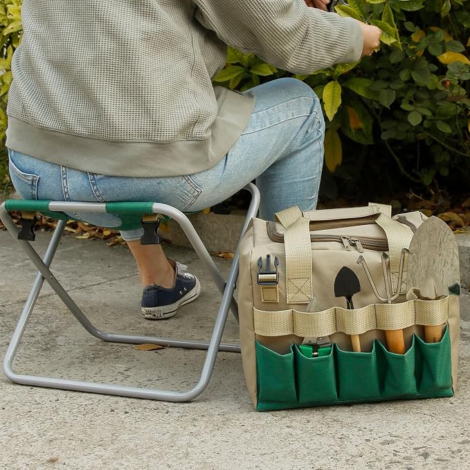 Folding Gardening Stool with Detachable Storage Tote Bag, Portable Garden Seat for Elderly Seniors, Heavy Duty Garden Chair for Gardening, Fishing, Camping, Outdoor & Indoor Use (Green+Khaki)