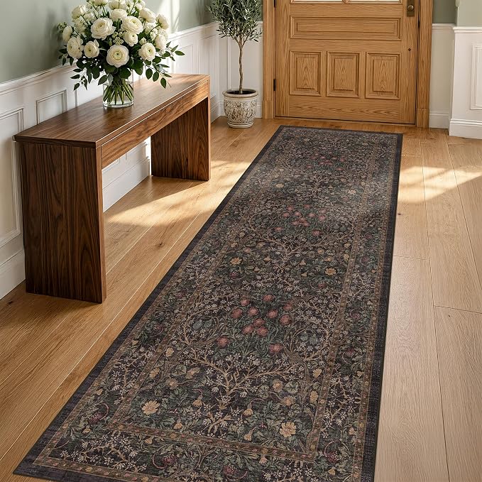 Boho Vintage 2x7 Long Runner Rugs for Entryway, Ultra Thin Kitchen, Bathroom, Hallway Rug, Low-Pile Washable Dark Brown Natural Floral Rug, Non-Slip Stain & Fade Resistant
