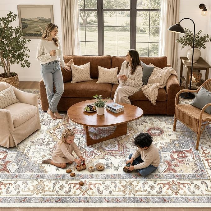 DTICON Vintage Washable 10x14 Area Rug Living Room Rugs, Orange Gray | Boho Distressed, Pet & Kid Friendly, Non-Slip Backing, Soft Polyester, Low-pile Carpet for Living Room, Bedroom, Dining Room