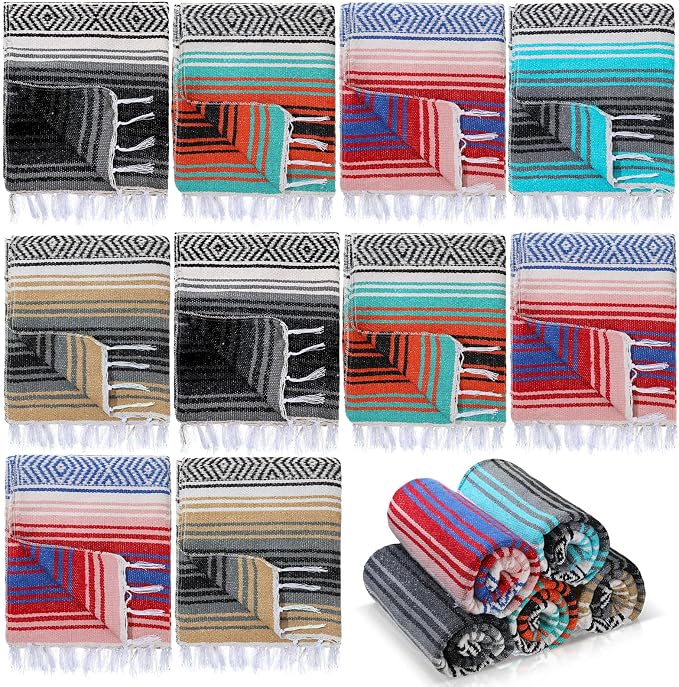 Preboun 10 Pieces Mexican Blanket Bulk Authentic Woven Yoga Blanket Large Picnic Camping Rug Colorful Striped Serape for Beach Outdoor Grass Car Home(Multi Color)