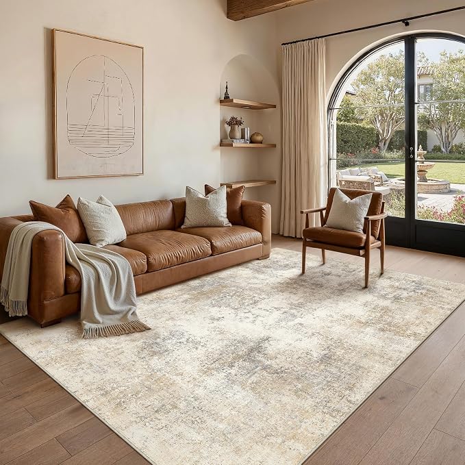 5x7 Beige Brown Modern Abstract Washable Area Rug for Living Room | Low Pile, Non Slip, Modern Abstract Style, Soft Indoor Rug for Living Room, Bedroom, Dining Room, Office, Home Decor