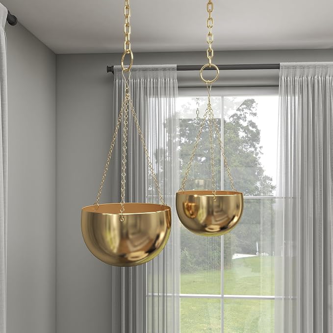 Deco 79 Metal Indoor Outdoor Wall Planter Indoor Outdoor Hanging Dome Hanging Planter with Chain, Set of 2 Plant Hanger 5", 6"H, Gold