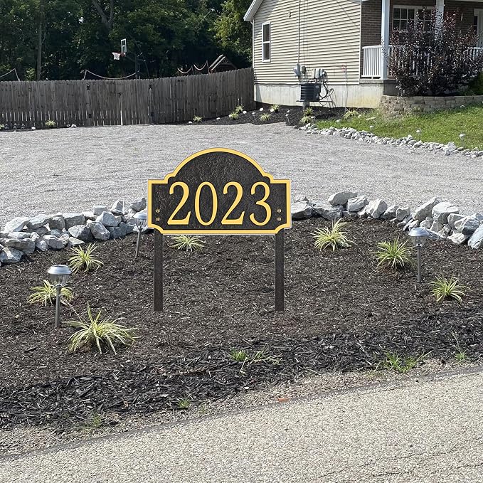 Personalized Address Sign LAWN MOUNTED - Custom House Number Sign Plaque,Address Plaque,House Numbers for Lawn Outside,Yard,Ground,Garden,Drive Way Free Standing with Stakes Metal (Golden)