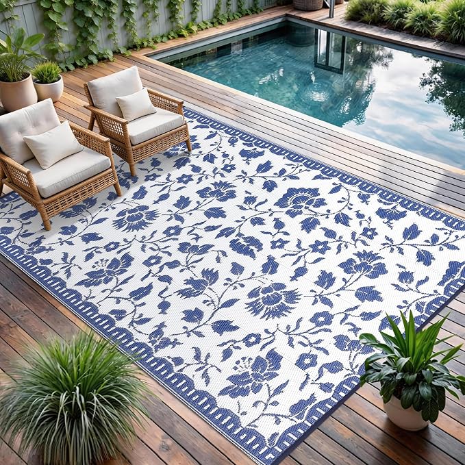 Garvee 5x8 Outdoor Rug Waterproof, Vintage Floral Plastic Straw Rugs, Camping Rugs for Outside Your RV, Foldable Lightweight Reversible Carpet with Portable Bag for Patio, Backyard, Beach, Navy＆White