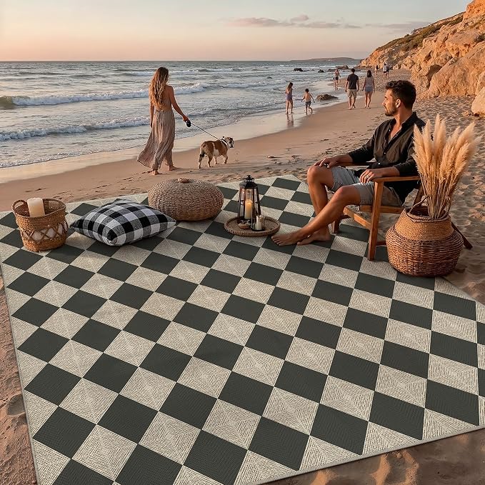 PureCozy 9x12 Checkered Chevron Pattern Area Rug for Living Room Checkerboard Washable Indoor Outdoor Carpet Farmhouse Patio Office Mat Textured Diamond Non Slip Black Carpet for Backyard Dining Room