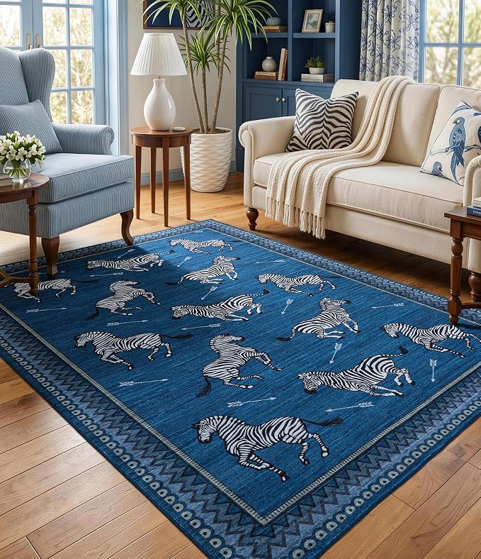 YIHOUSE Blue Zebra Area Rugs 5×7, Washable Animal Print Rug with Southwestern Border, Non-Slip Low Pile Mid-Century Modern Carpet for Living Room, Bedroom, Dining Room
