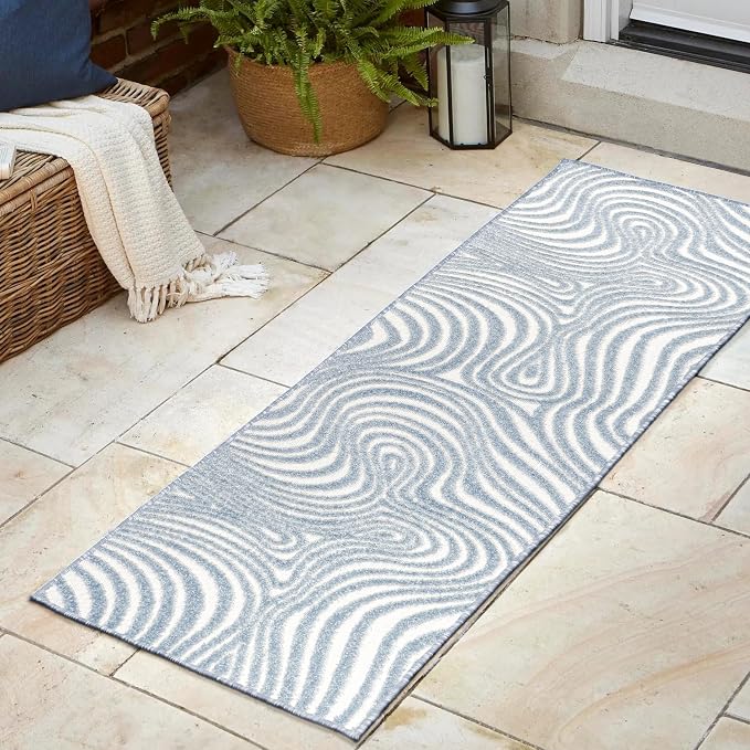 JONATHAN Y Maribo High-Low Abstract Striped Light Blue/Ivory 2x10 Indoor/Outdoor Runner Rug, Pet Friendly, Non-Shedding, Stain Resistant, Easy-Cleaning for Backyard (SCN103C-210)