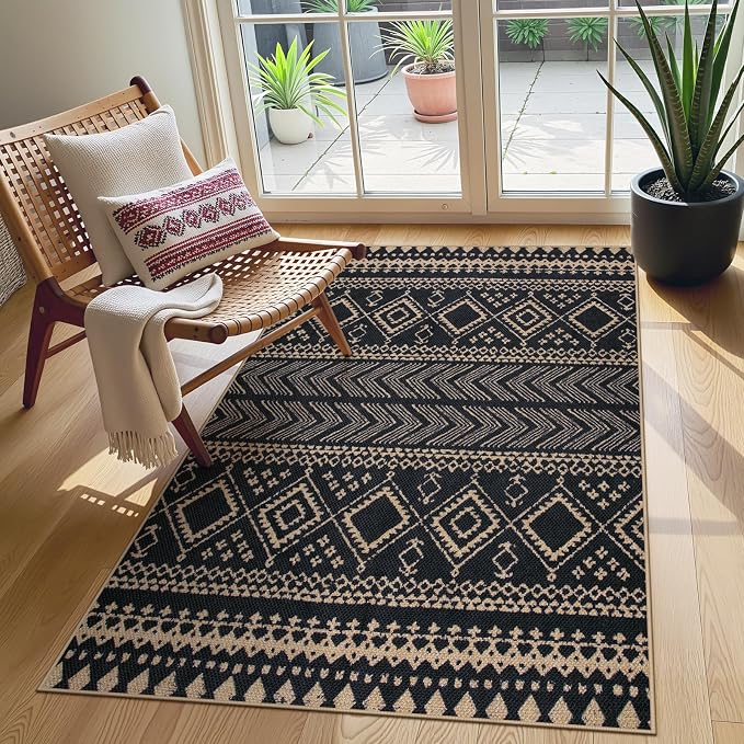 Lahome Boho Western Balcony Rug, Black 3x5 Washable Entryway Rug | Non-Slip Indoor Outdoor Carpet, Western Geometric Print Front Door Carpet for Patio Front Door