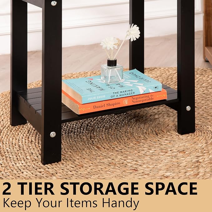 VICTORY RELAX Solid Acacia Wood Side Table with 2-Tier Storage, Weather-Resistant Outdoor Indoor End Table, Black Rustic Color Night Stand