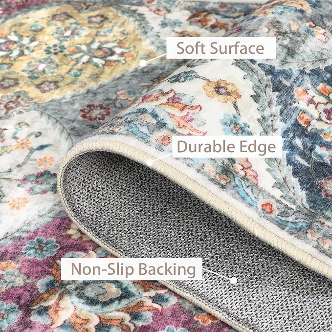 ROYHOME Washable Round Rug 5ft Moroccan Washable Area Rug, Purple/Grey | Stain Resistant Non-Slip Circle Rug Vintage Distressed Trellis Round Throw Carpet for Living Room Bedroom Kids Room Playroom