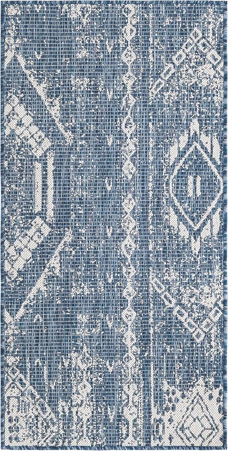 Unique Loom Outdoor Bohemian Collection Area Rug - Anthro (2' x 4' 1" Runner, Blue/ Ivory)